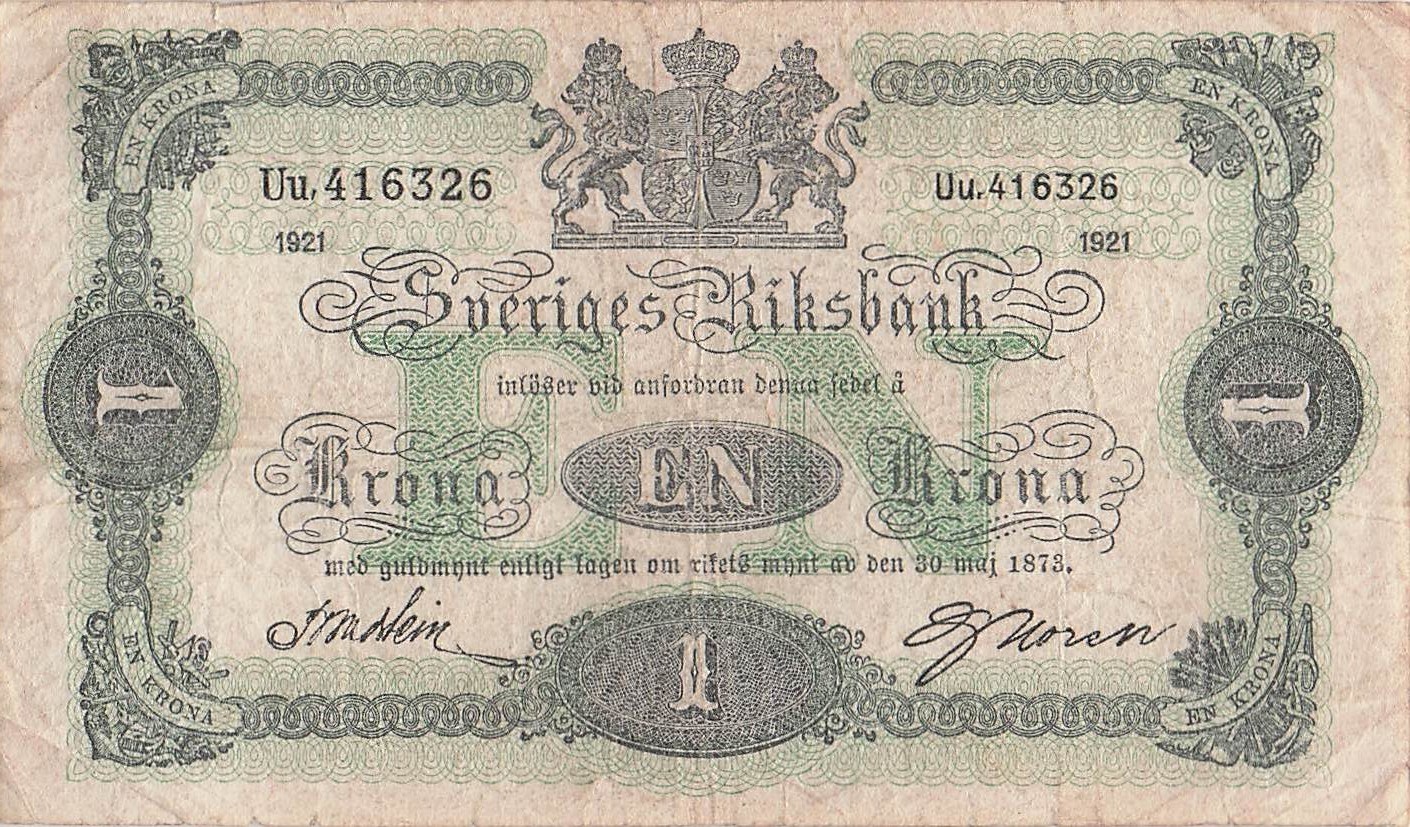 Sweden  1  Krona  1921  P 32h  Series  Uu. Circulated Banknote GG 9