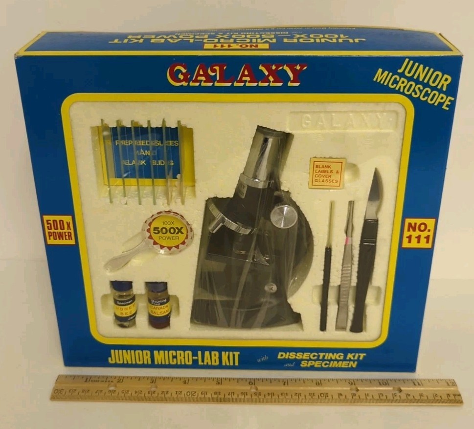 vtg Galaxy Microscope Junior Micro-Lab Dissecting Kit 100x-500x #111 w/Paper MIB