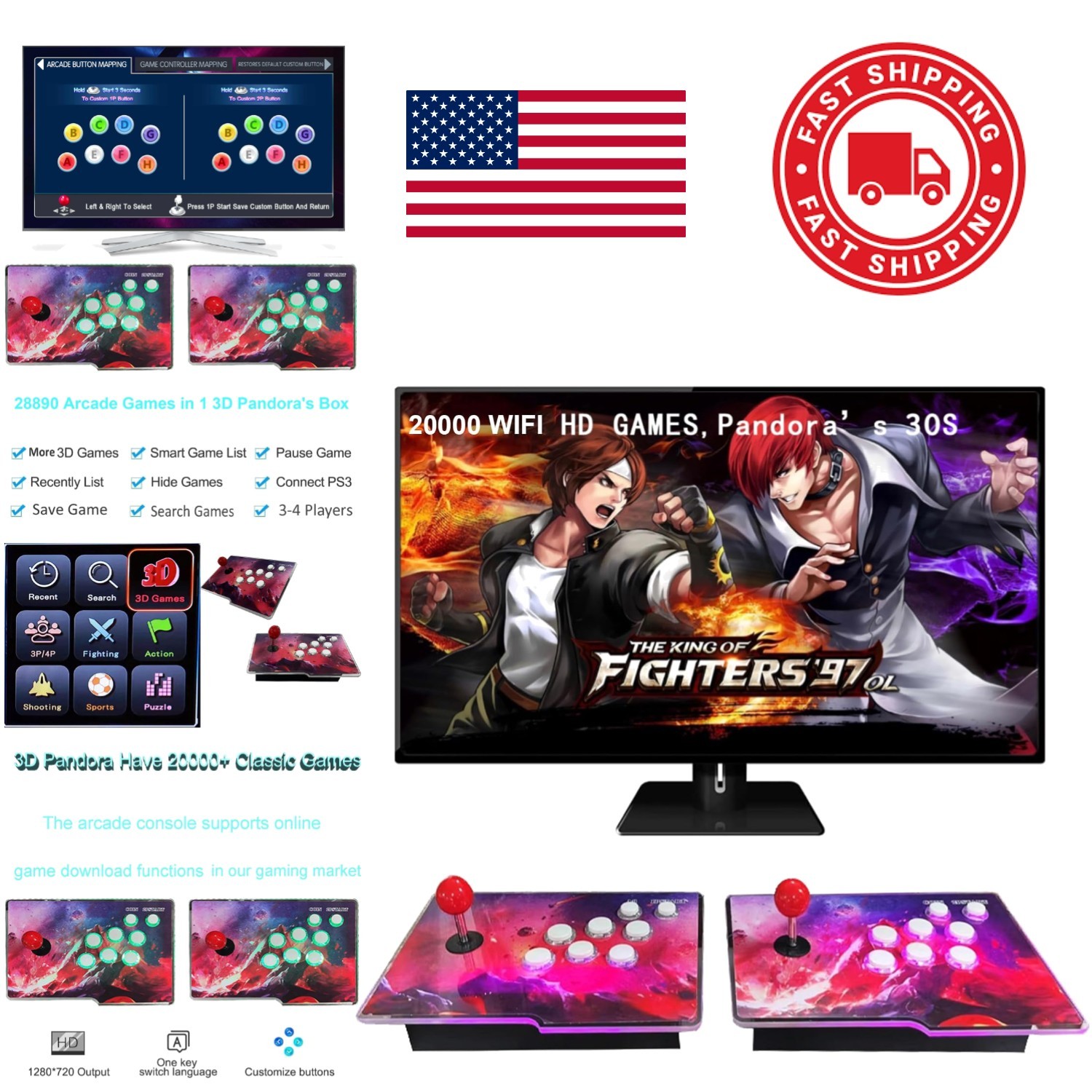 Games in 1 Separate 3D WiFi Arcade Console with 2 Joysticks Full HD Support
