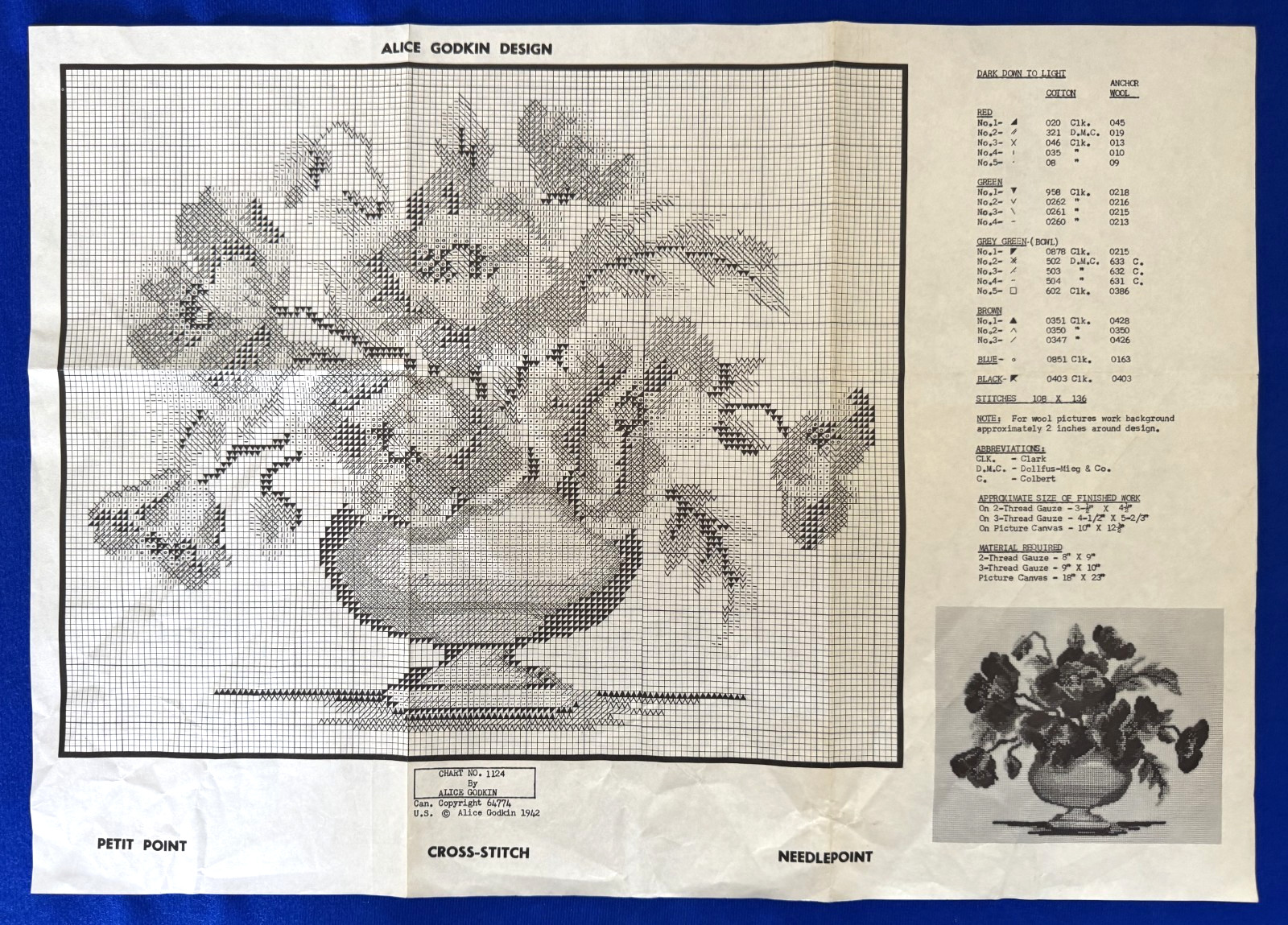 Vintage 1942 Alice Godkin Flower Petit Point Cross-Stitch Needlepoint Pattern