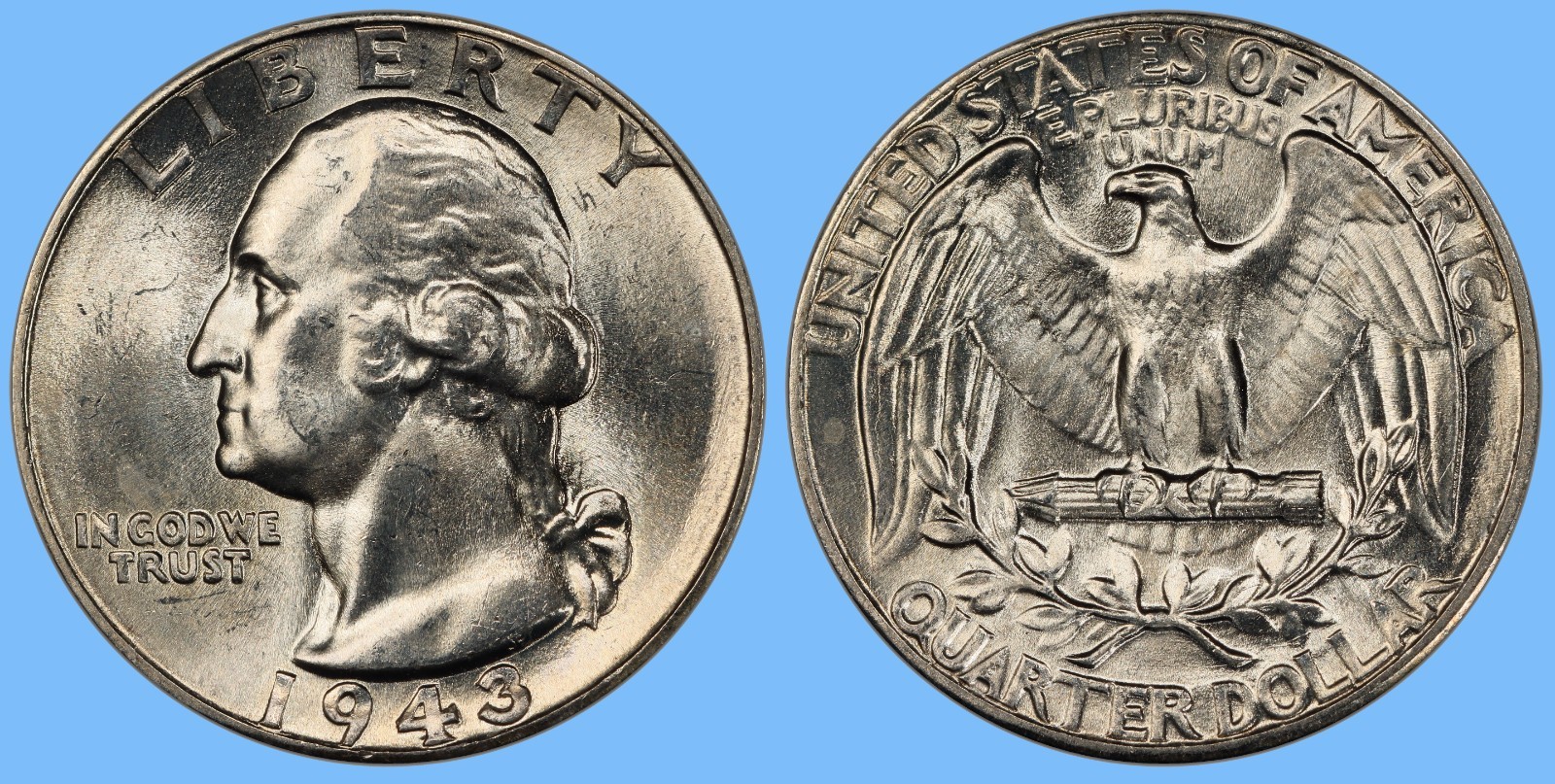 1943 Washington Quarter ~ BU Uncirculated Mint State ~ 90% Silver 25c US Coin