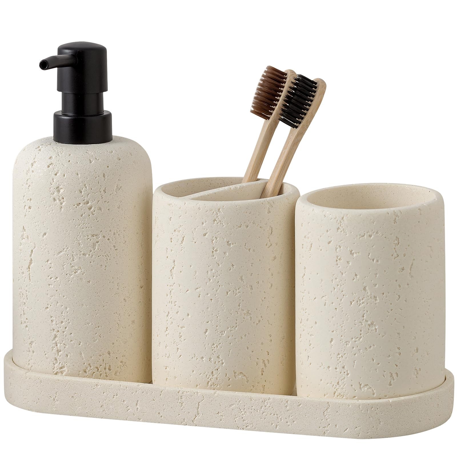 Bathroom Set, 4 Piece Travertine Stone Look Collection, Modern Bath Organizer...