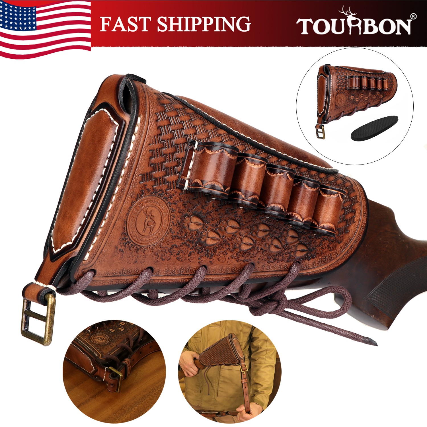 TOURBON Leather Hunting Recoil Pad Shotgun Cheek Rest 12GA Ammo Holster Gift US