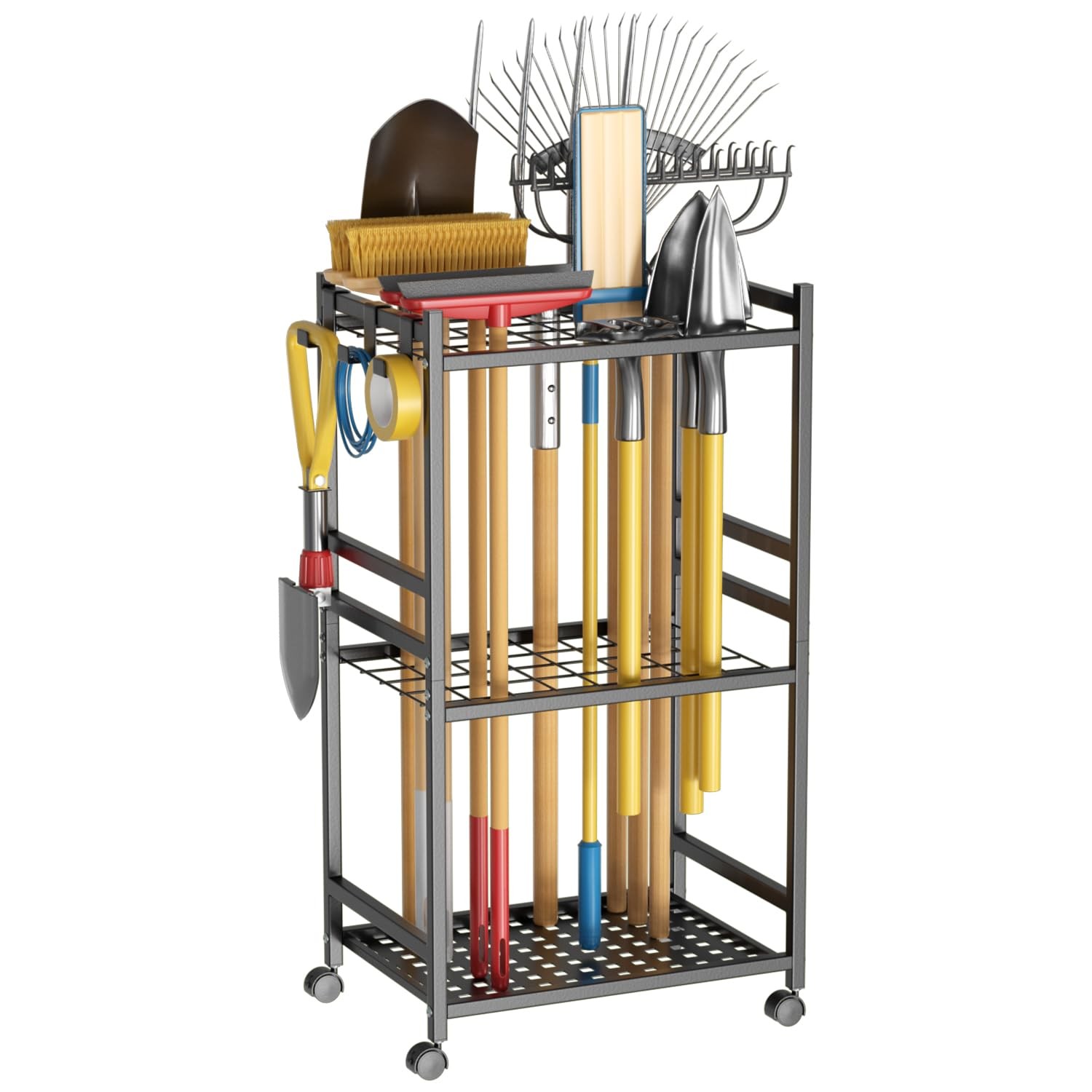 Ganweetech Garden Tool Organizer with Wheels, 16.9" x 11.8" x 32.2", Black