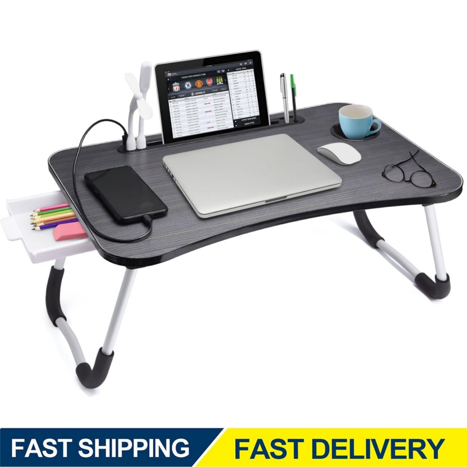 Foldable Lap Desk with Cup Holder&USB Light-Portable Laptop Stand for Bed/Couch
