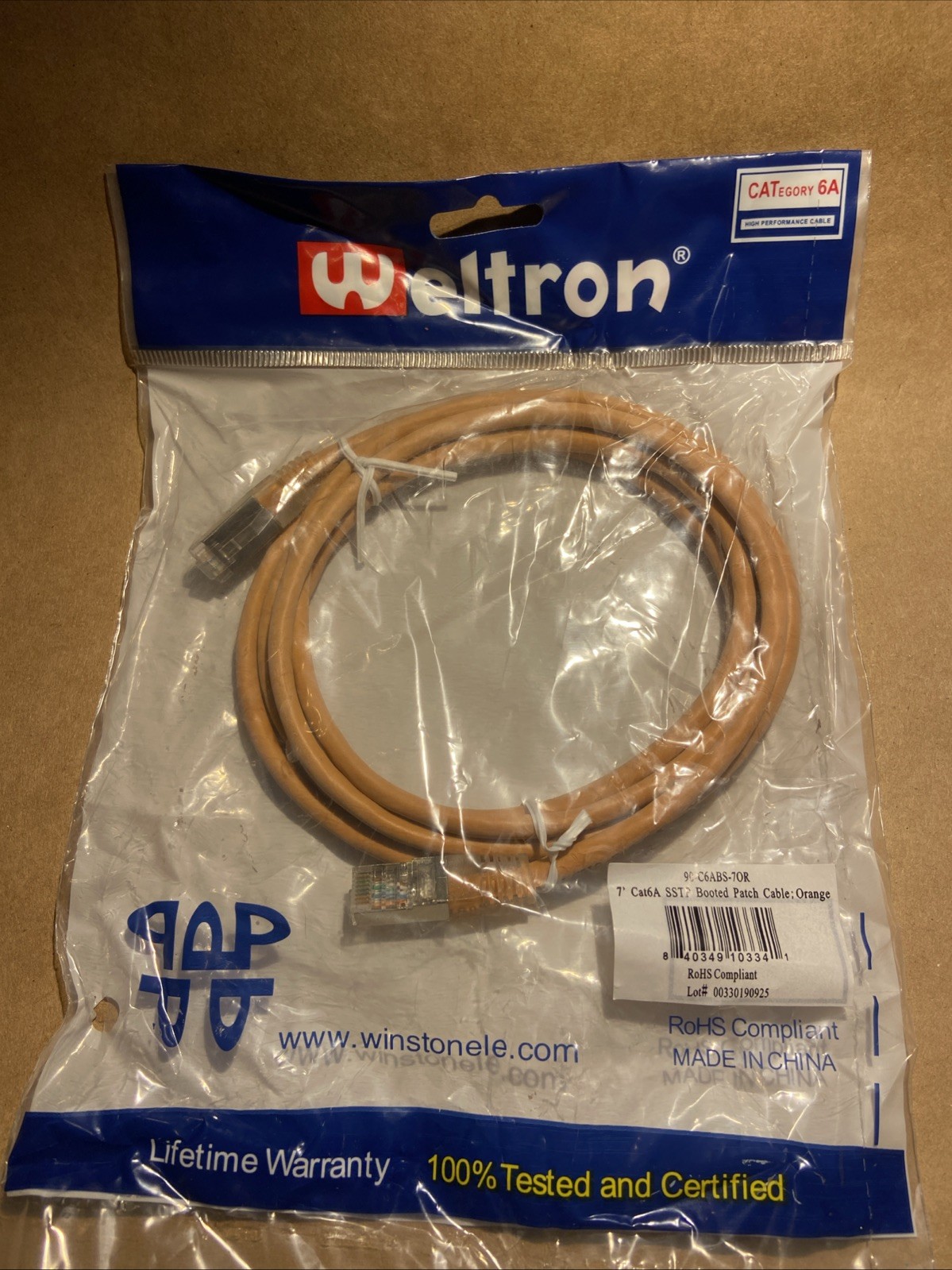 Cat6 Shielded SSTP Ethernet Booted Patch Cable 7ft Weltron RoHS Compliant Orange