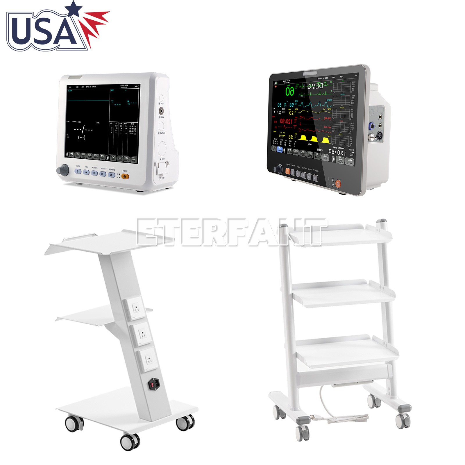 Dental Patient Monitor ICU CCU Vital Sign/3 Tiers Mobile Trolley Rolling Cart