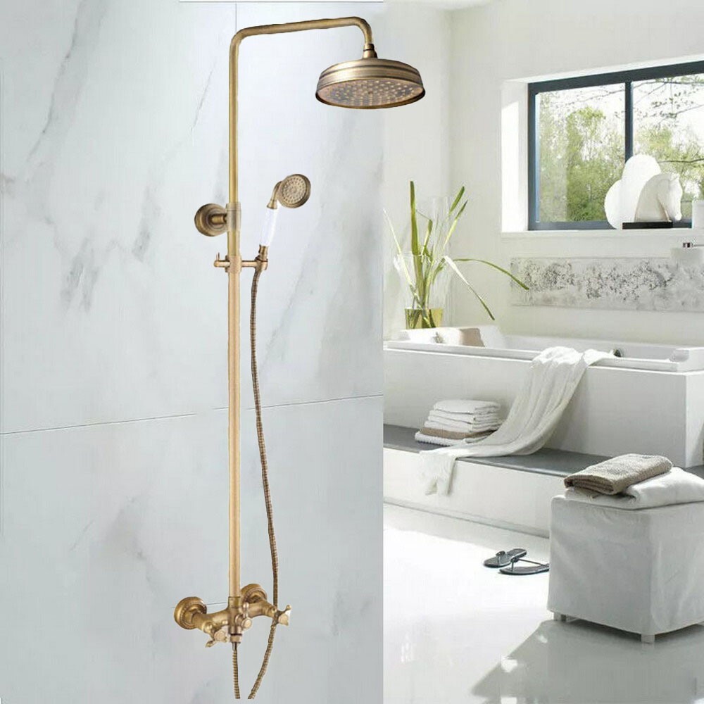 Antique Brass Bathroom 8" Round Rain Shower Head Faucet Set Mixer Tap frs826
