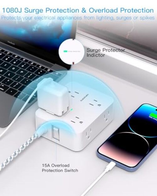 Surge Protector Power Strip - 8 Outlets 4 USB (2 USB C) Charging 5ft White