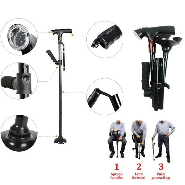 Adjustable Height Cane With LED Light Alert Button Walking Stick - Free Ship US