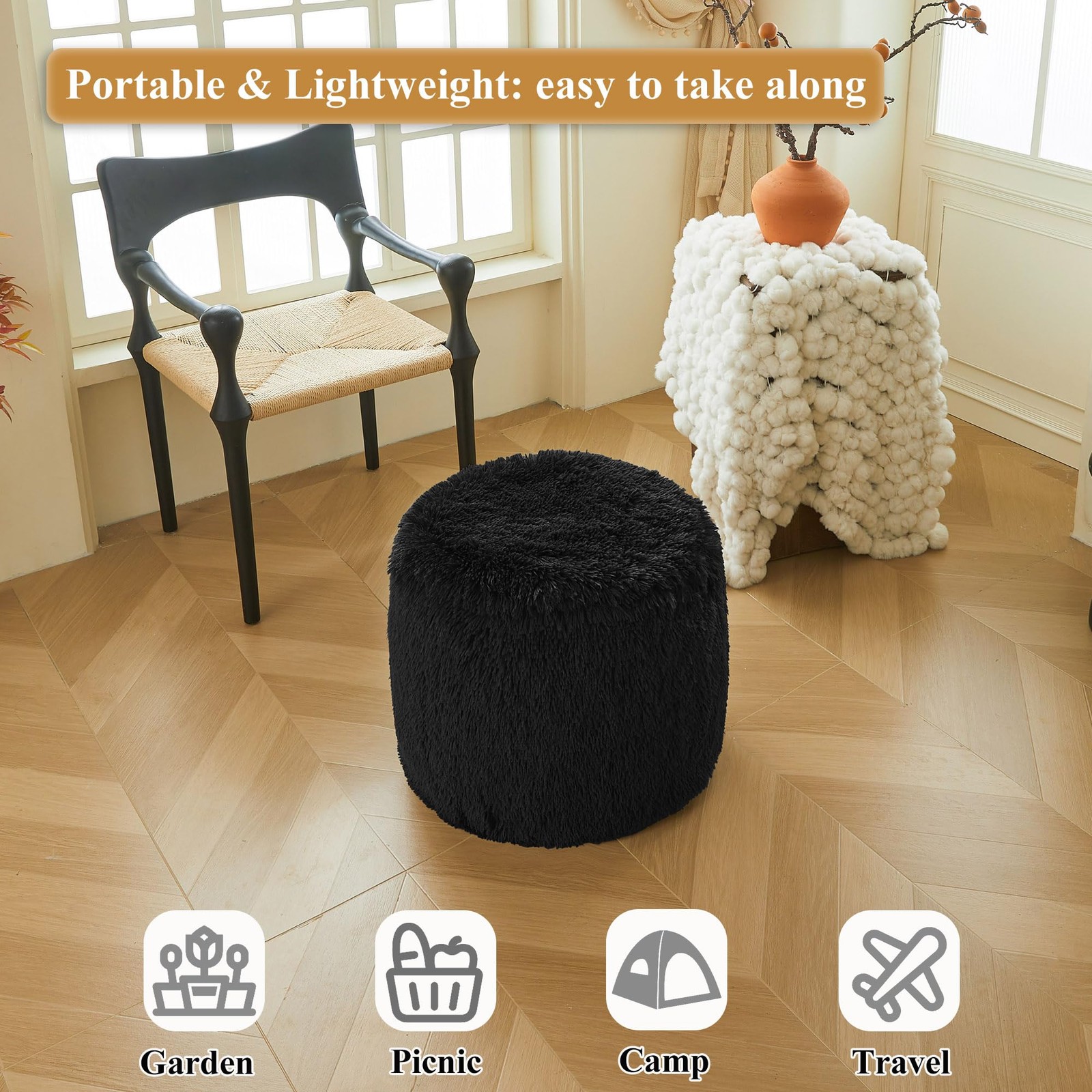 Fluffy Faux Fur Inflatable Pouf Ottoman, Comfy Portable Shaggy Fuzzy Foot Sto...