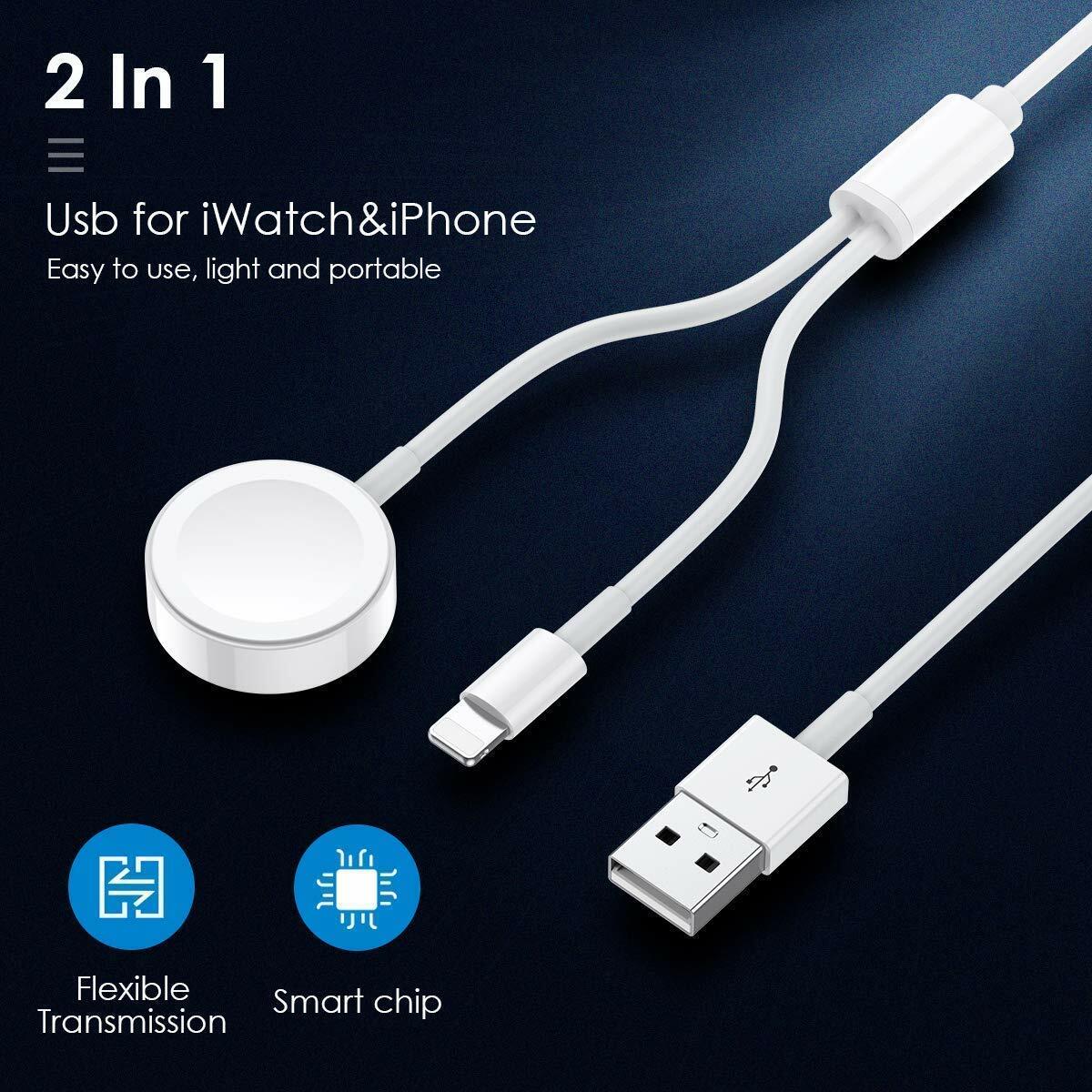 2-in-1 Magnetic Charger USB Cable For Apple Watch SE/6/5/4/3/2/1 iPhone 11/8/7/X
