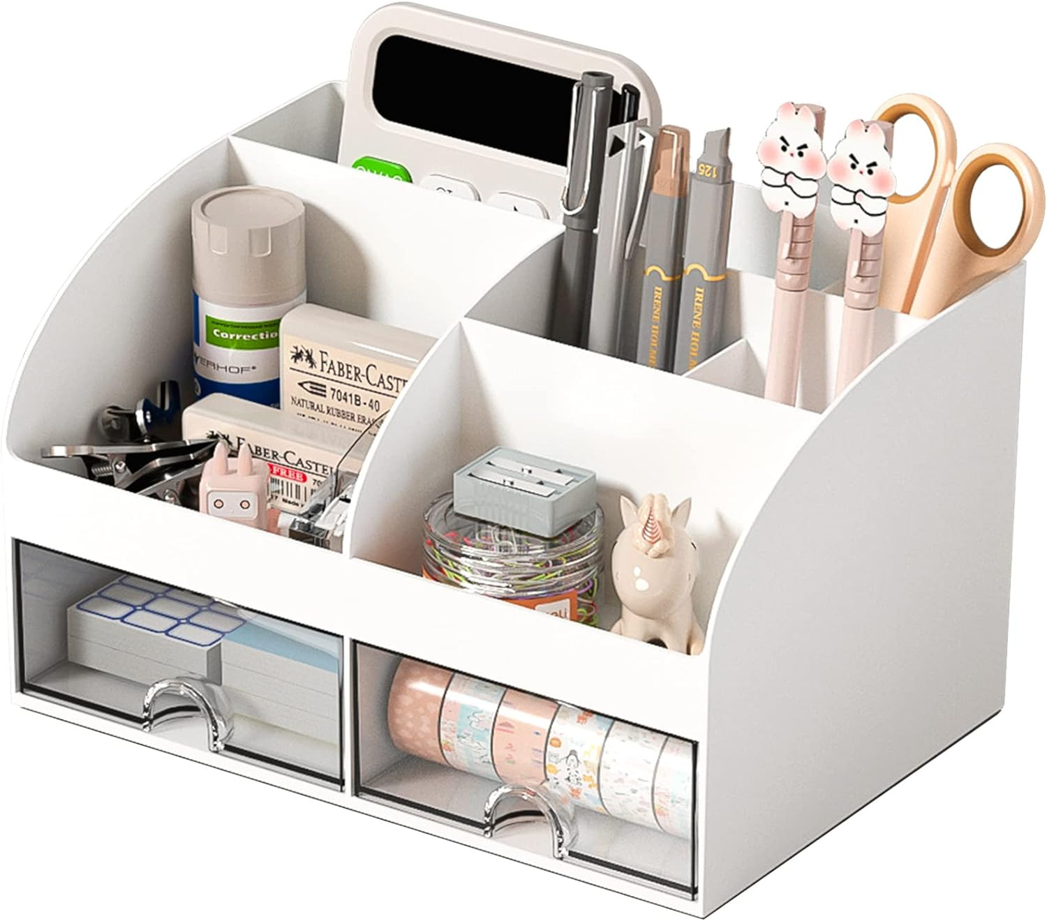 Desk Organizer with 6 Compartments and 2 Drawers, Plastic Makeup Organizer, Pen