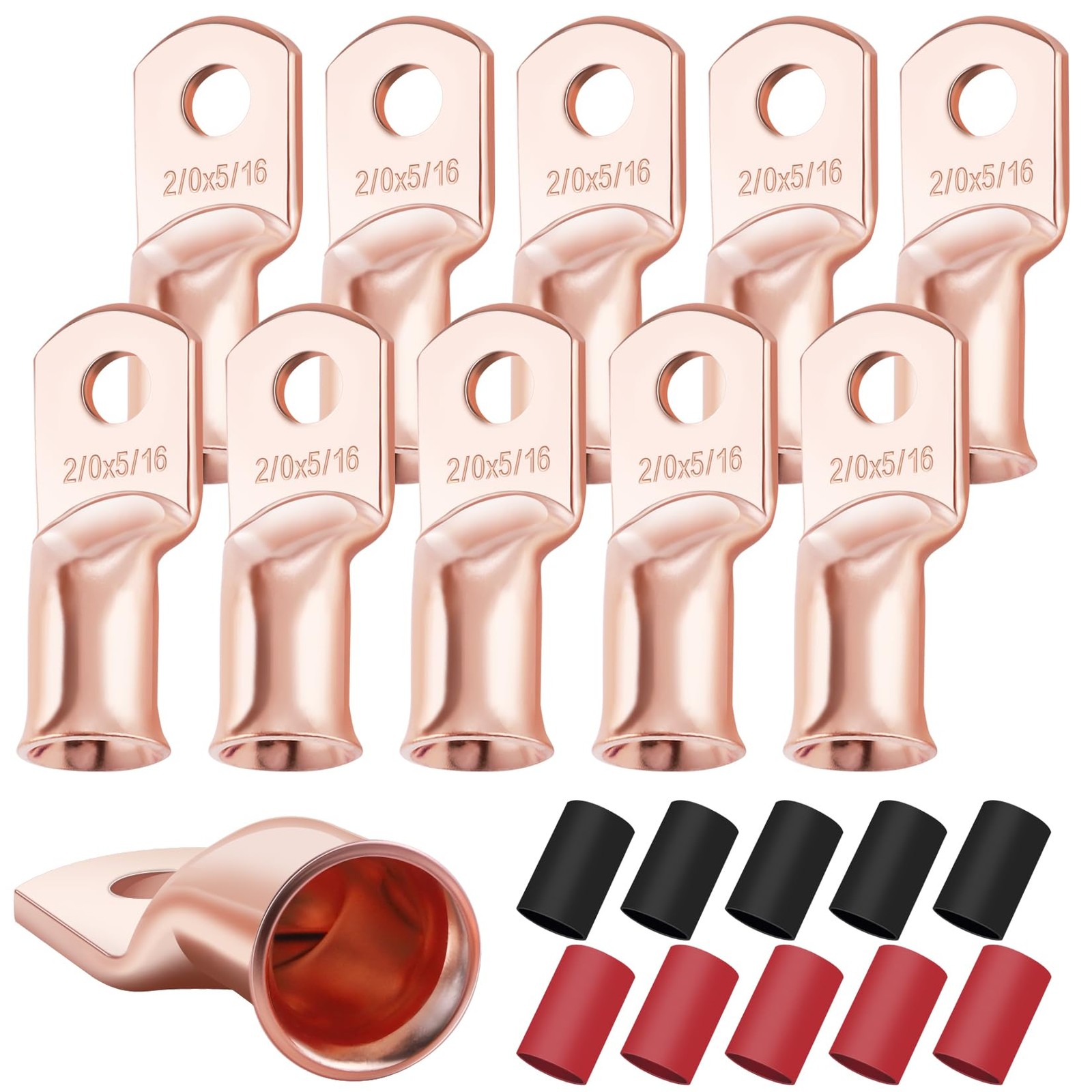 XHF 10PCS 2/0 AWG5/16 Heavy Duty Battery Lugs With 31 Heat Shrink Tubing, Rin...