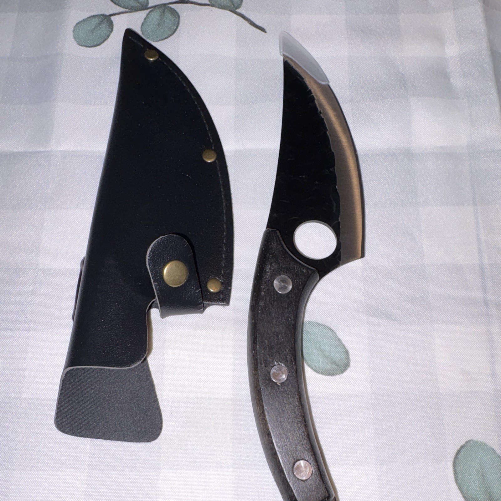 Karambit Fixed Blade Knife Black Stainless Plain Edge Wood Handle Sheath