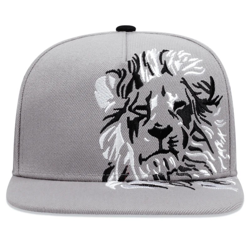 Lion Head Embroidery Snapback Hat Hip Hop Flat Brim Baseball Cap Grey Black