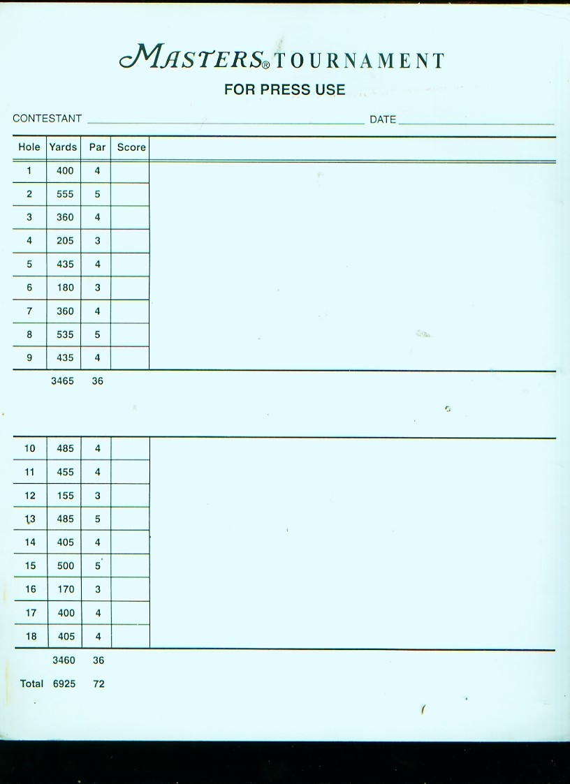 4 diff. 1950's-70's Masters Tournament golf Press scoresheets