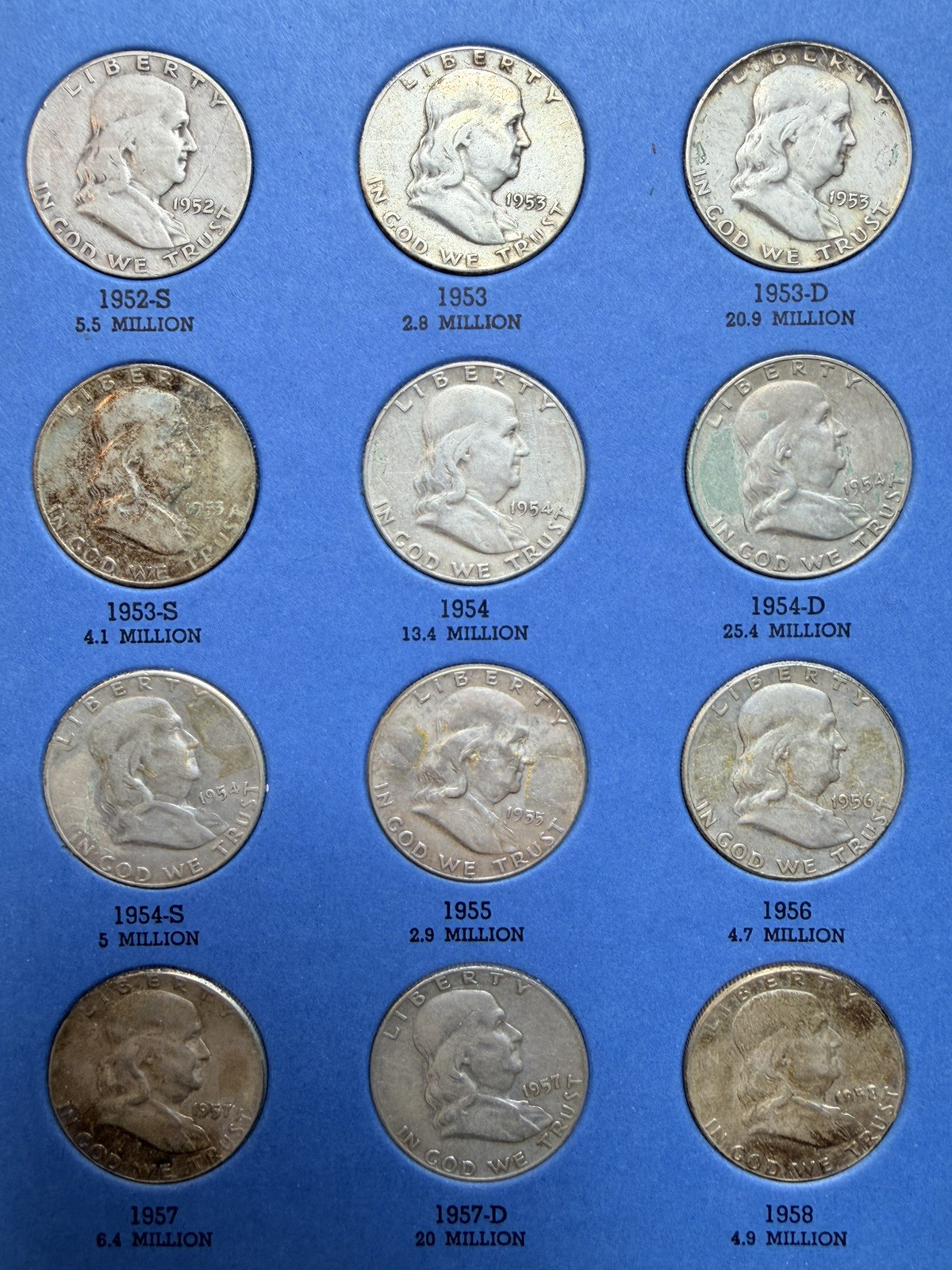 1948 - 1963 COMPLETE SET 35 BEN FRANKLIN 90% SILVER HALF DOLLARS COLLECTION