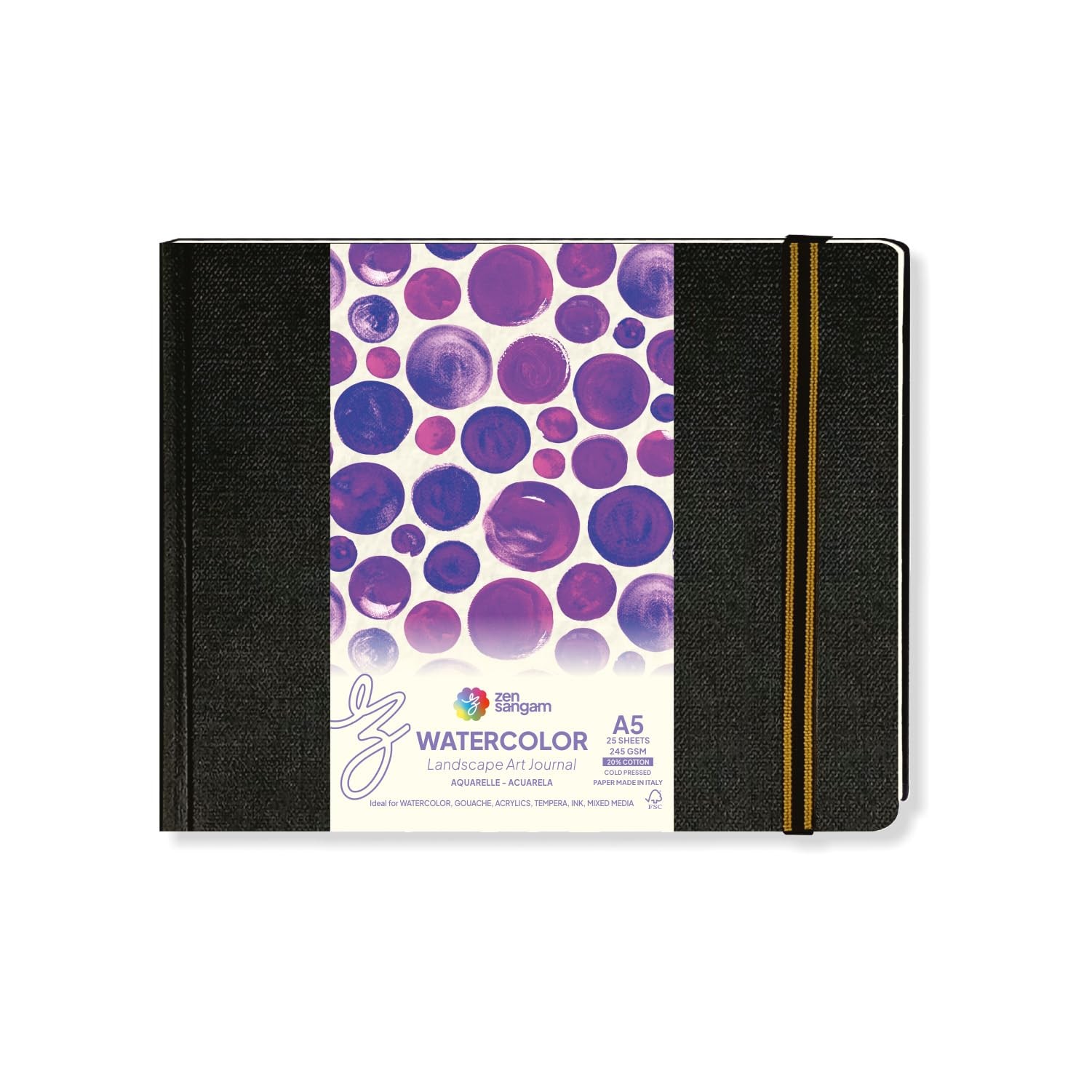 A5 Watercolor Art Journal Landscape 245 GSM 50 Pages 14.8x21cm Cold Press Black