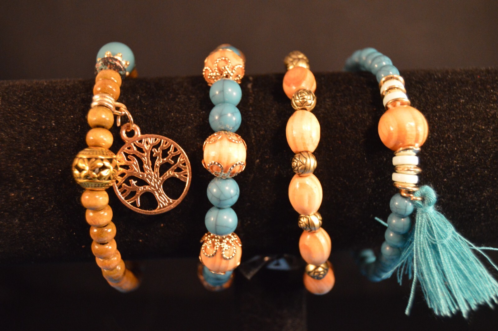 Lot of 4 LIFE TREE & BLUE TASSEL Stretch BRACELETS  Fashion Jewelry  NEW!  USA!!