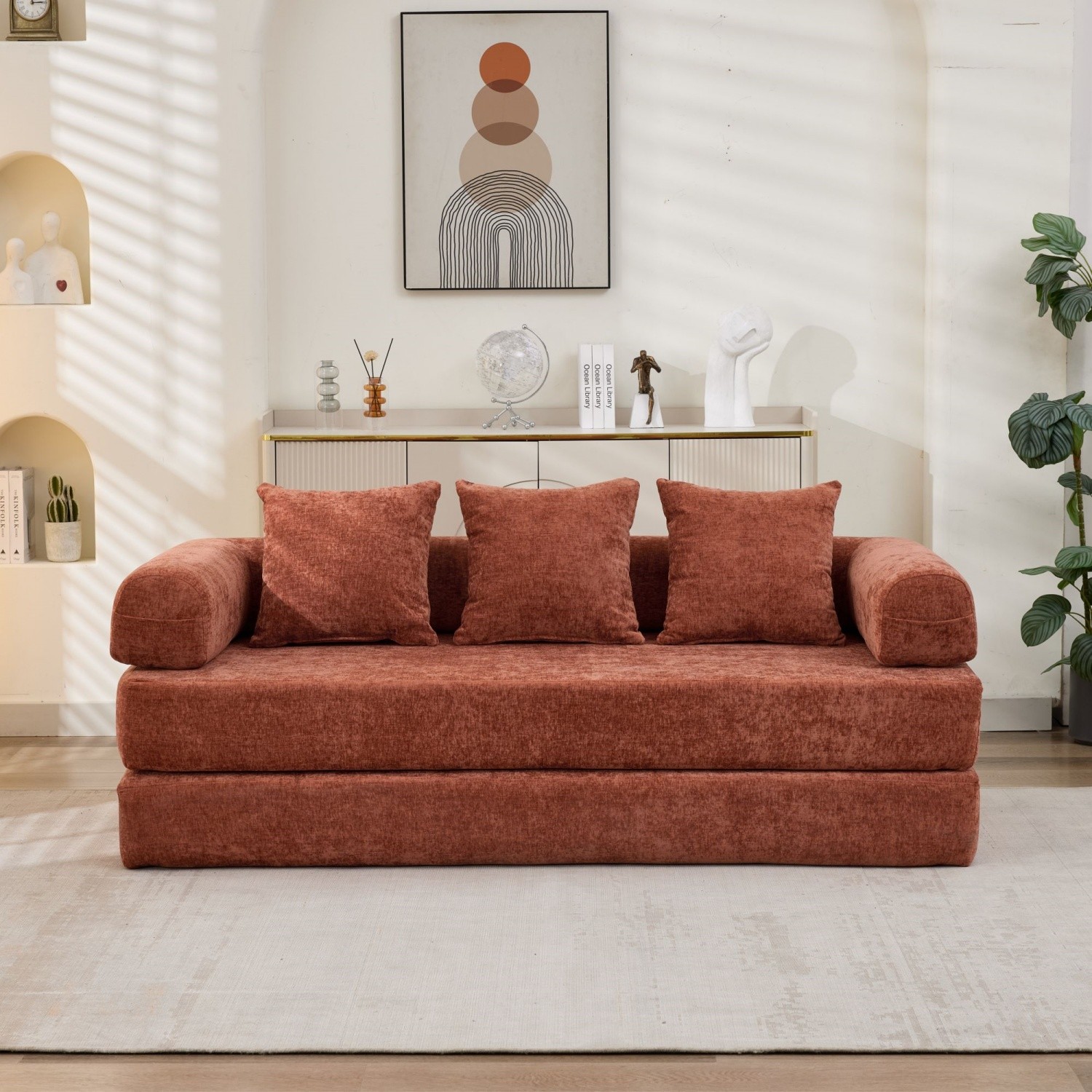 Modern Convertible Floor Sofa Bed Folding Mattress Couch w/ Armrests & Pillows