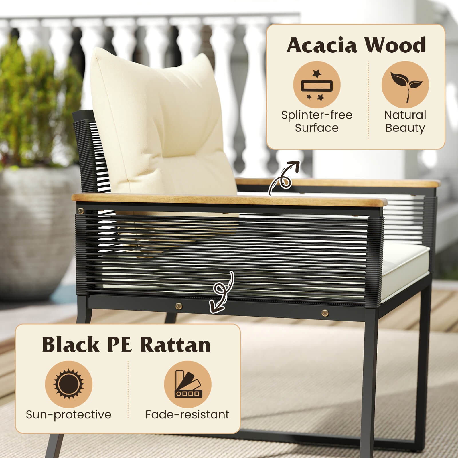 8 PCS Patio Furniture Set w/Tempered Glass Coffee Table PE Wicker Rattan Chairs