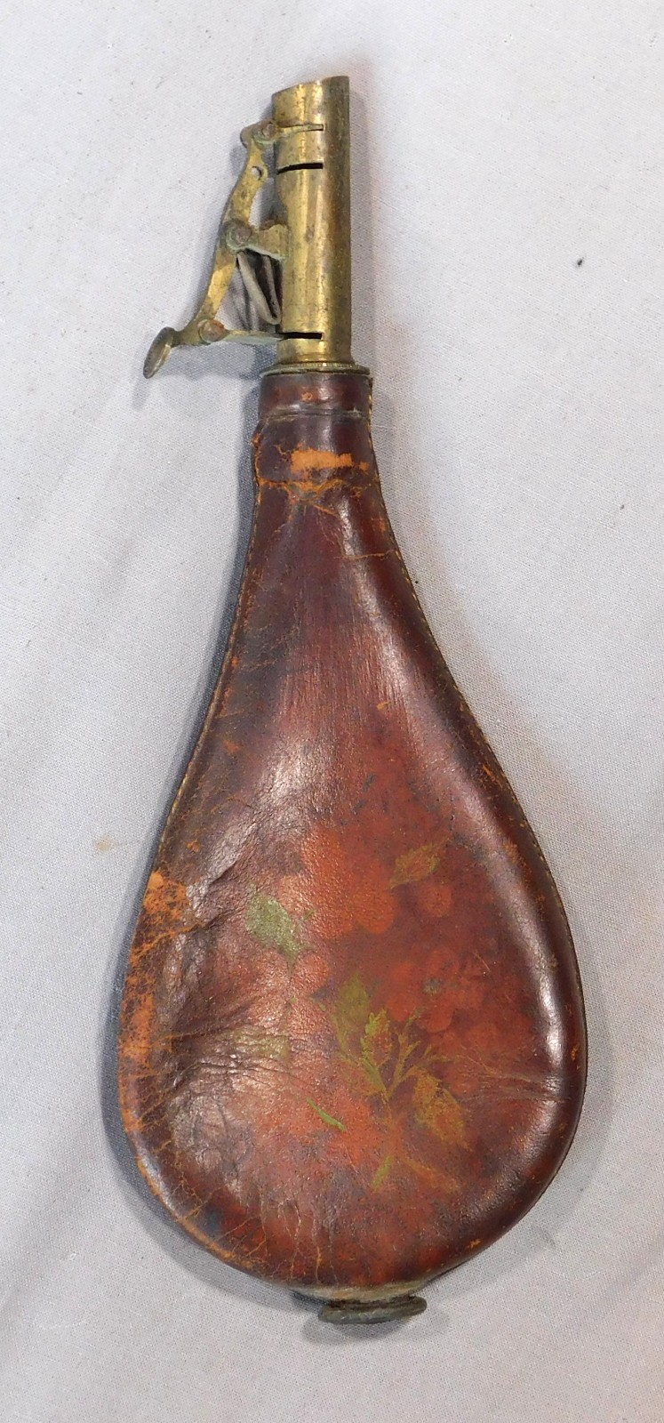 Antique c1850 Leather Black Powder Flask American Hand Painted Rose Charger