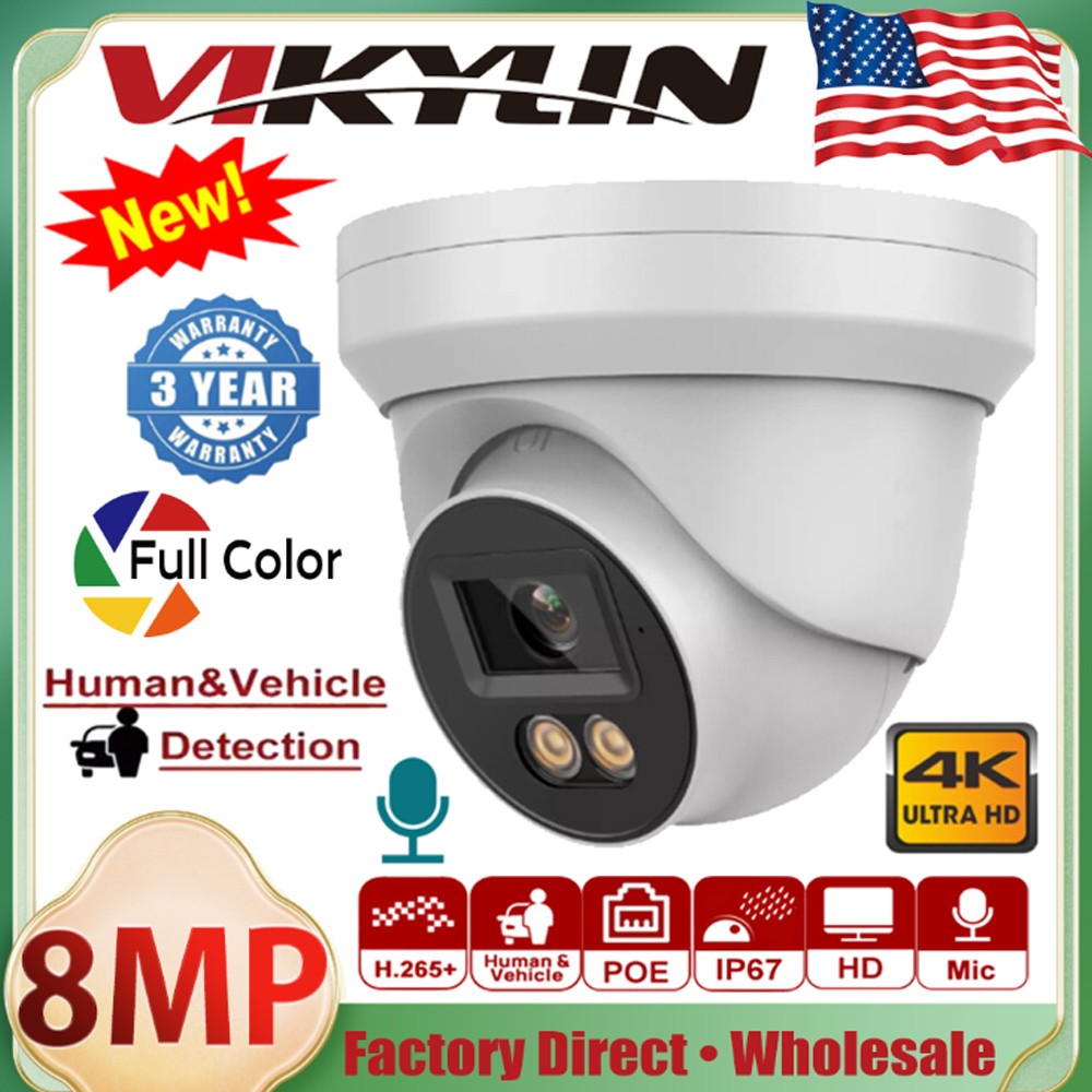 Vikylin 8MP 4K PoE IP Security Camera Outdoor 24/7 Full Color Night Vision Audio