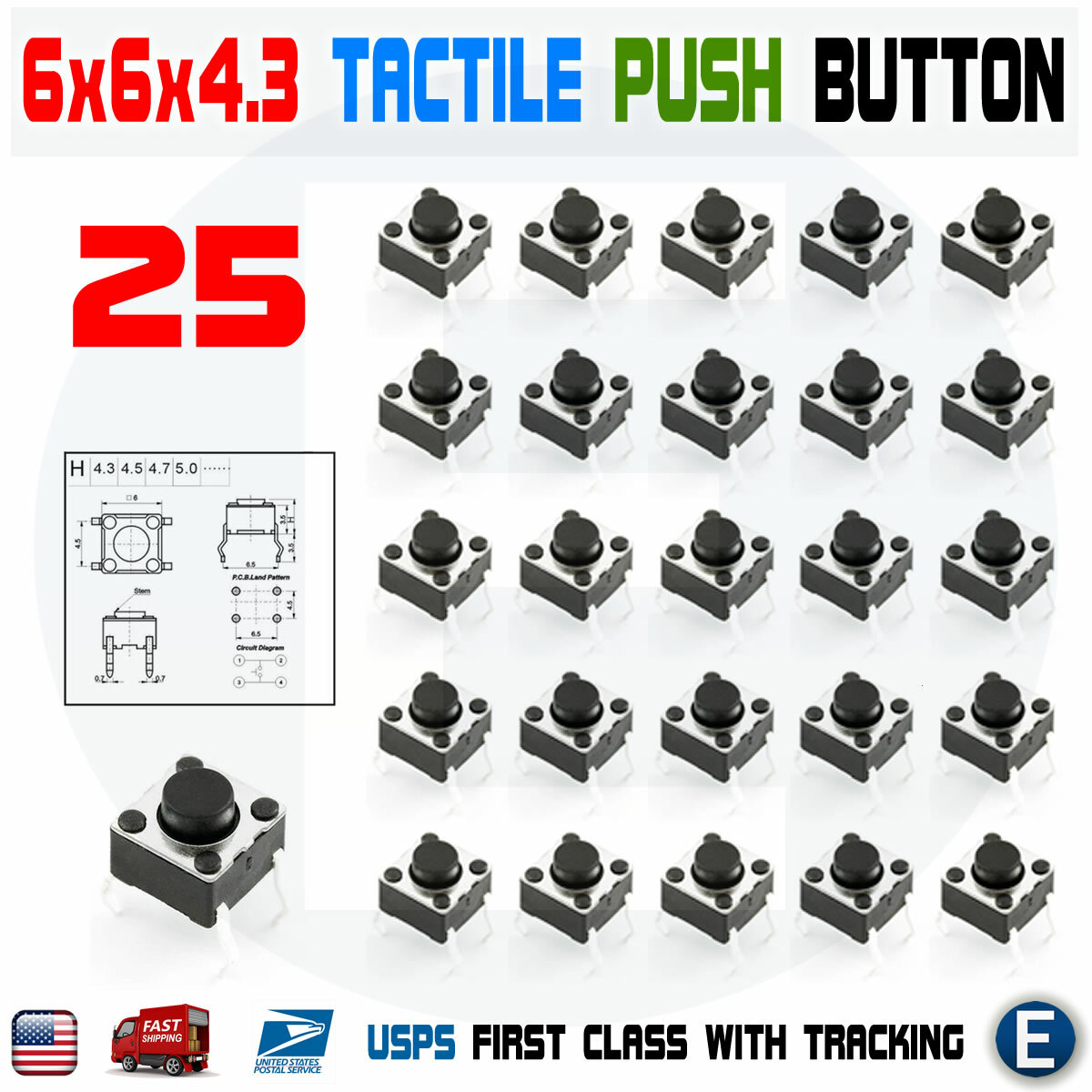 25Pcs 6x6x4.3 PCB Momentary Tactile Tact Push Button Switch 4Pin DIP Micro Mini