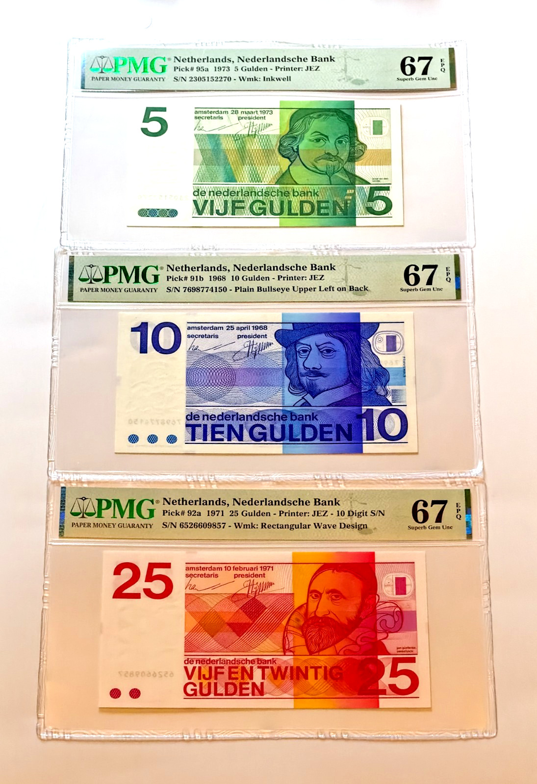 NETHERLANDS Set  1973 P-95a, 1968 P91b, 1971 P92a 5, 10, & 25 Gulden PMG 67 EPQ
