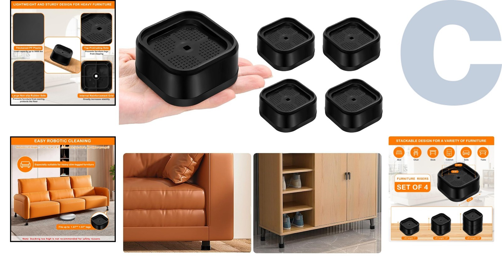 Adjustable 4 Pack Bed Risers - Heavy Duty Stackable Furniture Elevators (1-3 in)