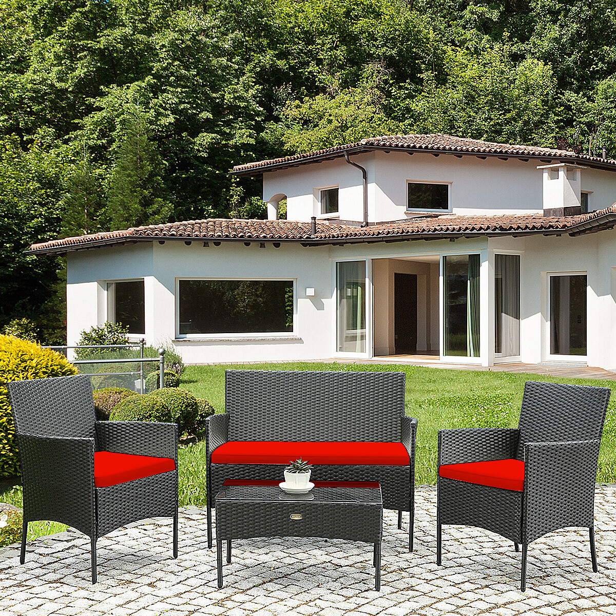Patiojoy 8-Piece Rattan Patio Conversation Set Cushioned Sofa with Coffee Table