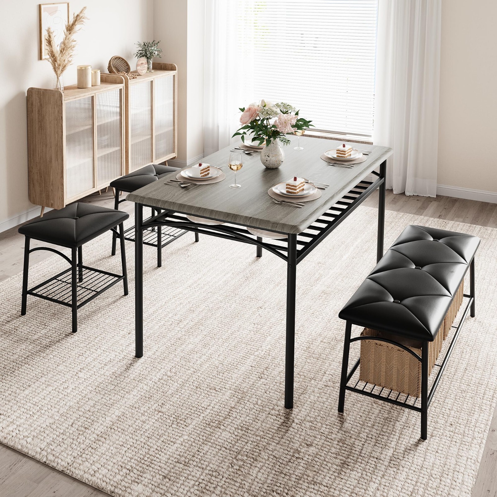 Dining Set Table with Wine Rack and 2 Upholstered Stools Bench for Small Kitchen