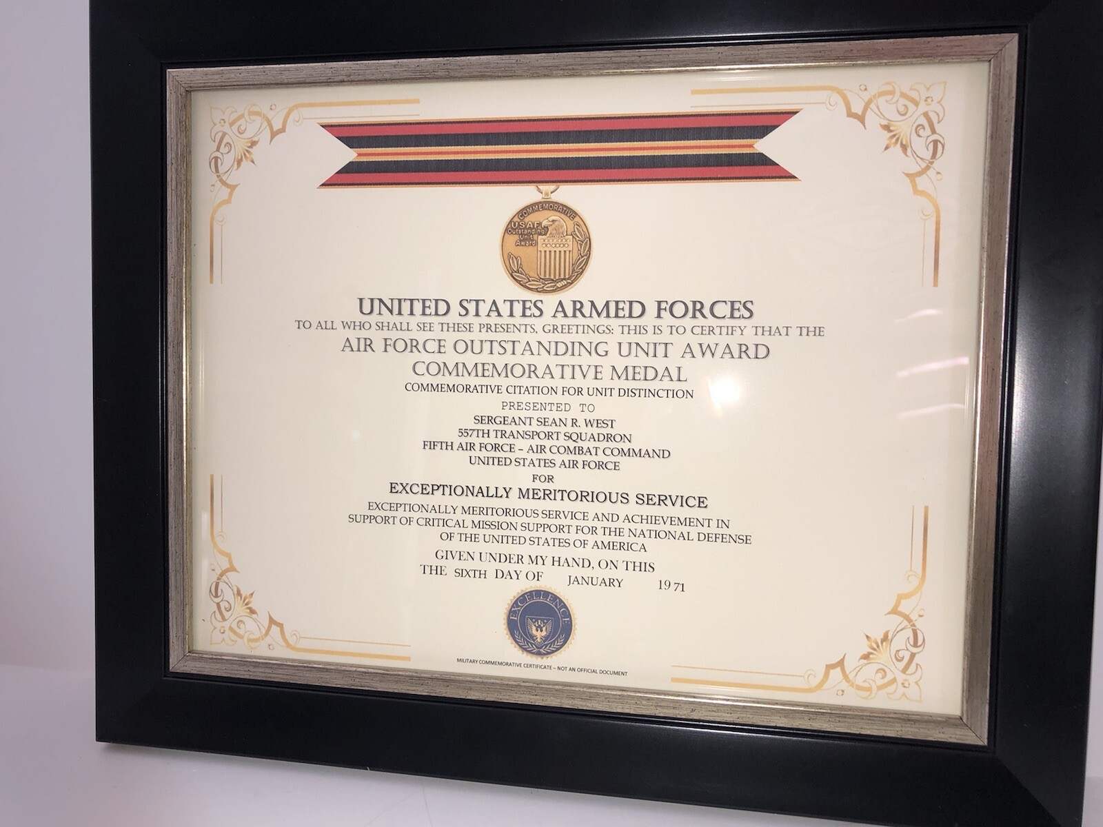 AIR FORCE OUTSTANDING UNIT AWARD COMMEMORATIVE MEDAL CERTIFICATE ~ Type 1