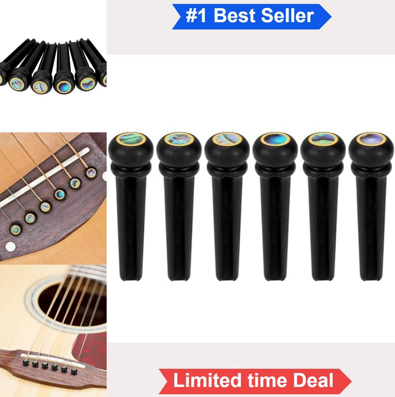 6pcs Ebony Guitar Bridge Pins Abalone Dot Brass Collar Acoustic Replacement