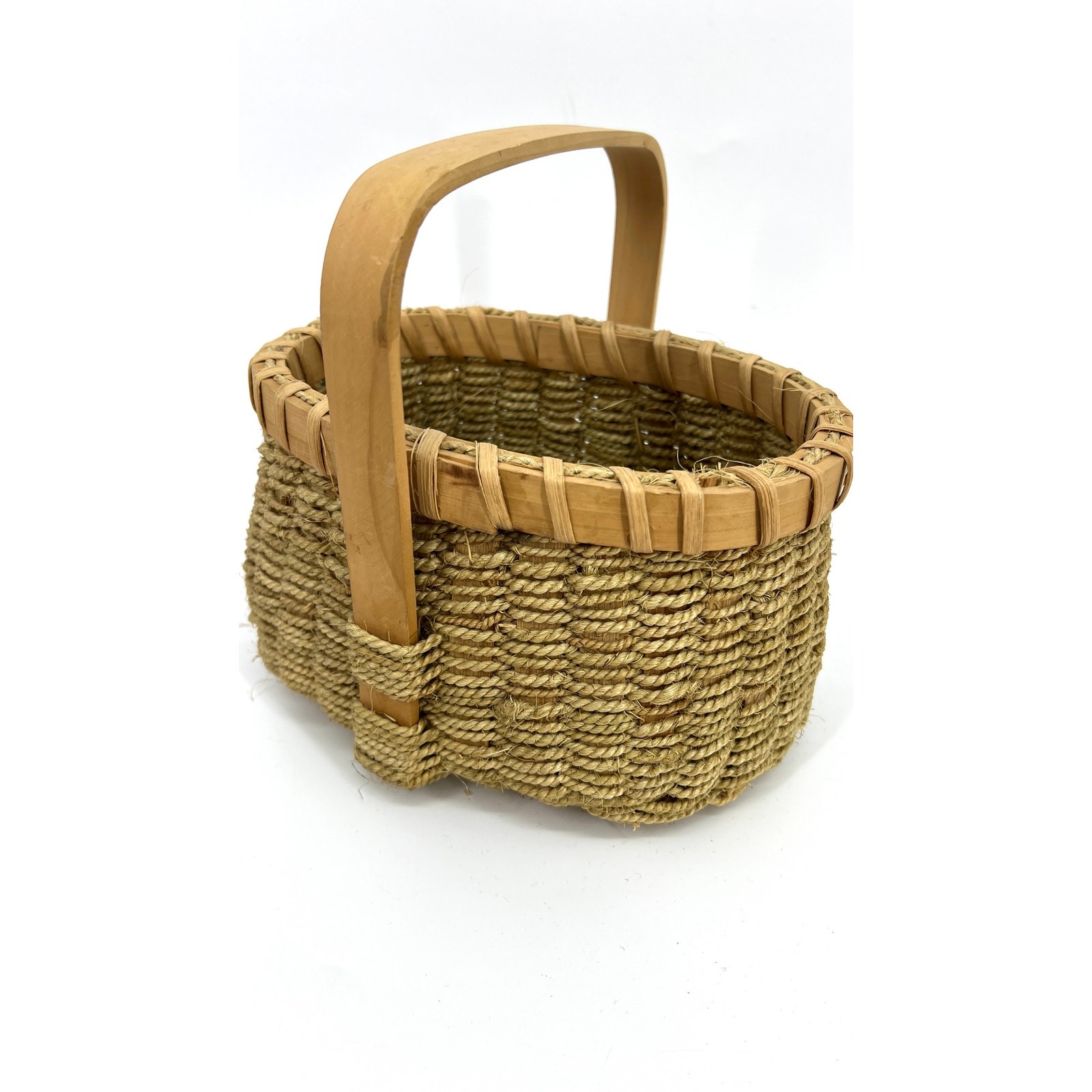 Hand Woven Handmade Wicker and Jute Basket with Handle Vintage