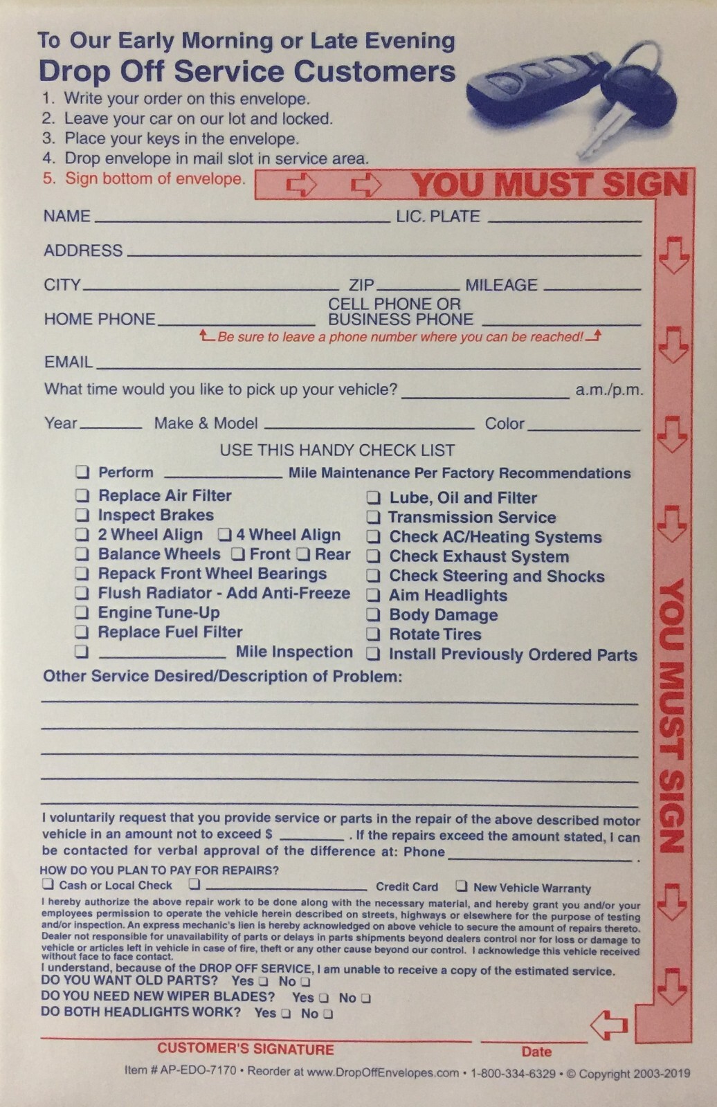 Key Drop Off Envelope EDO-7170 (500 Quantity) (P14)