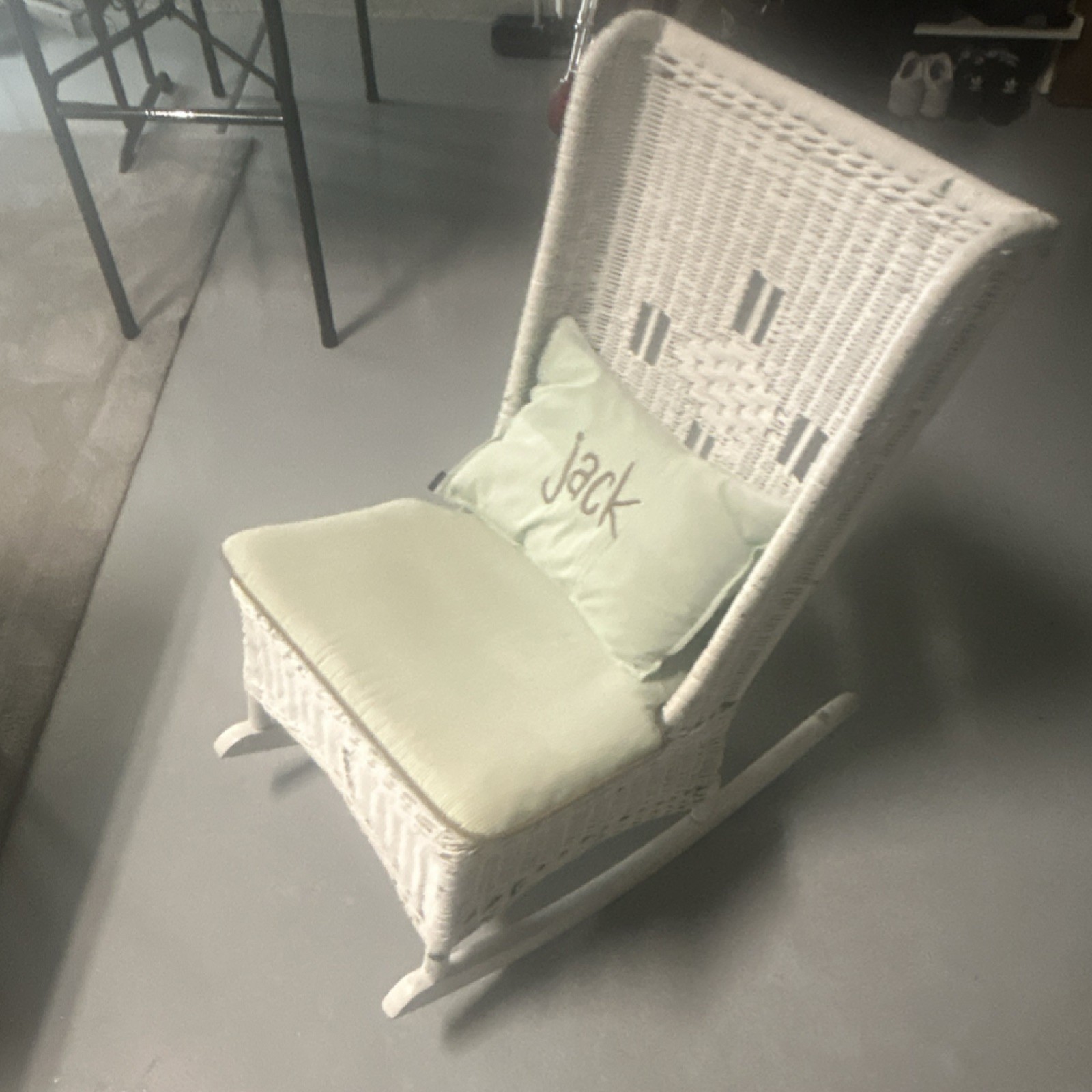 White Wicker Rocking Chair with Personalized Cushion for Bedroom or Living Room