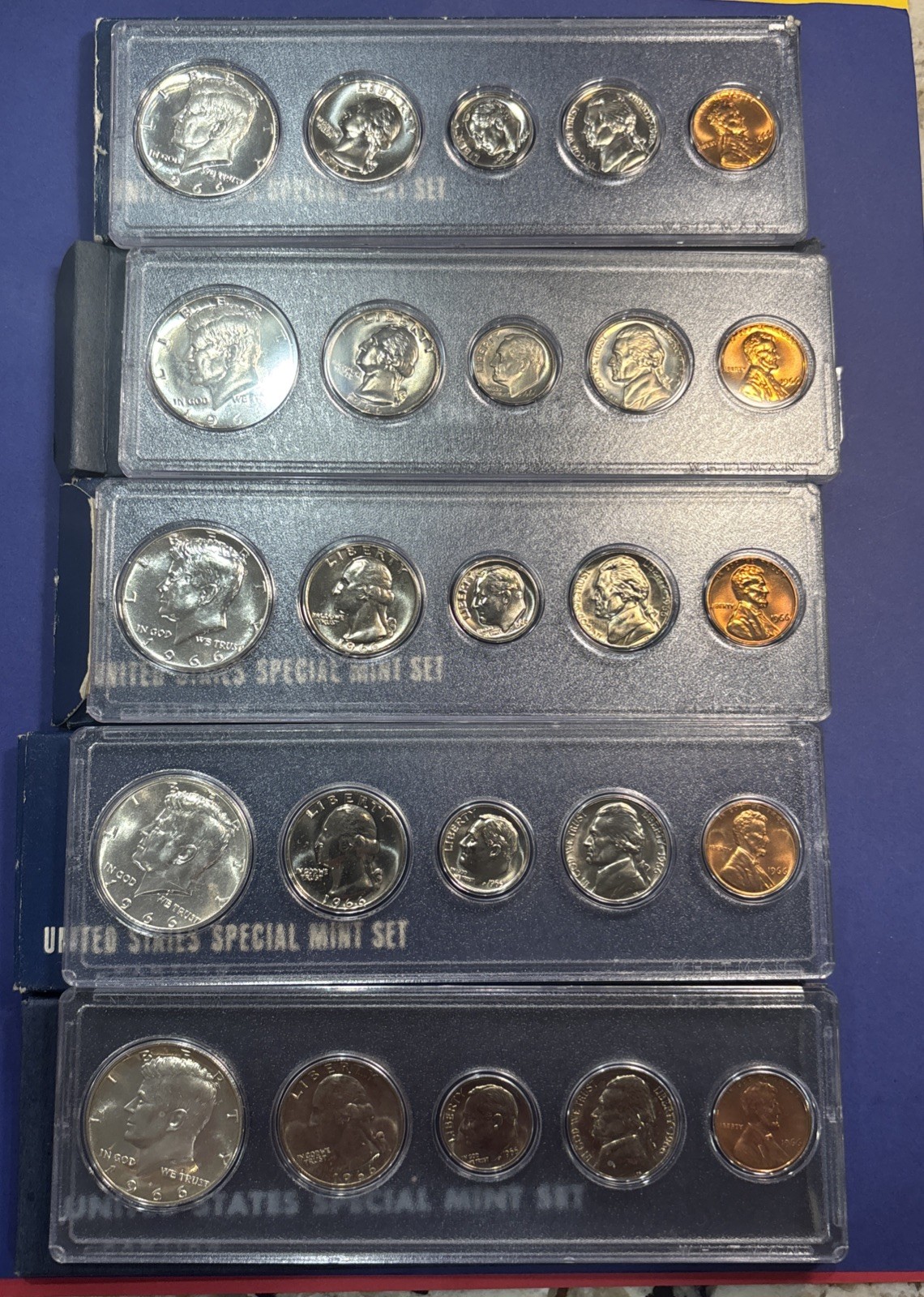 Lot of 5 1966 US Special Mint Set SMS With Boxes 40% Silver Kennedy Half Dollars
