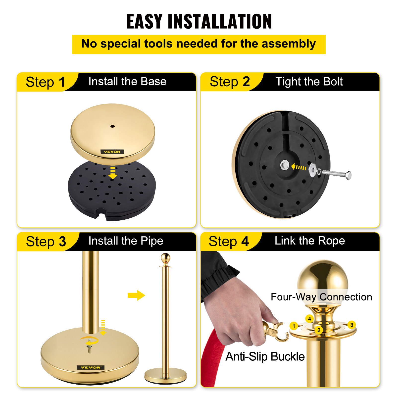 4PCs Crowd Control Stanchion Gold Posts Set w/ Red Velvet Rope Queue Barrier