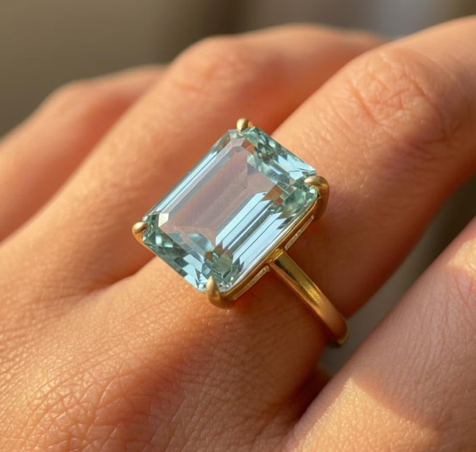 Gold Plated Blue Aquamarine Ring 925 Silver Anniversary Gift Aquamarine Jewelry