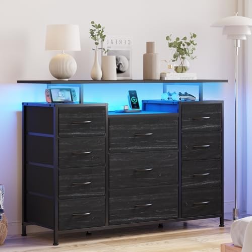 11 Drawers Dresser with Fabric Drawers,Charging Station, LED Black Wood Veins