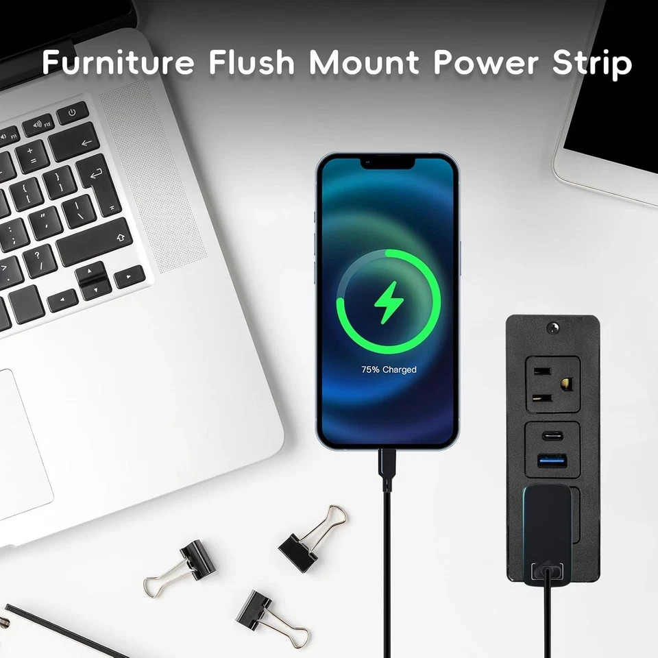 20W Recessed Power Strip USB, 2 AC Outlets + 1 USB-C + 1 USB-A Ports, 6ft Cord,