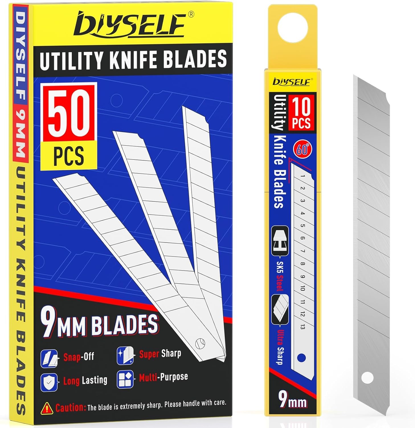 50pcs 9mm Snap-Off Blades – 60° Utility Knife Refills for Box Cutters #252