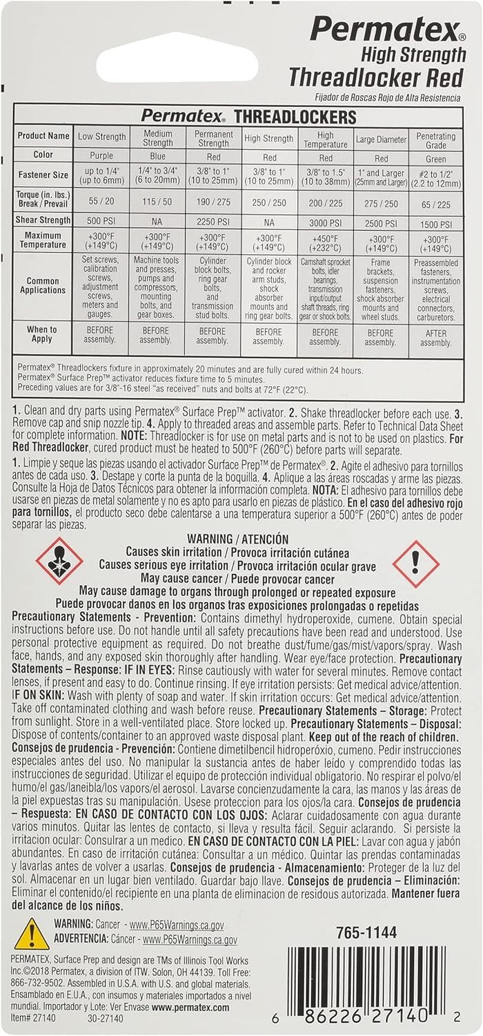 Permatex 27140 High Strength Threadlocker Red, 36 ml