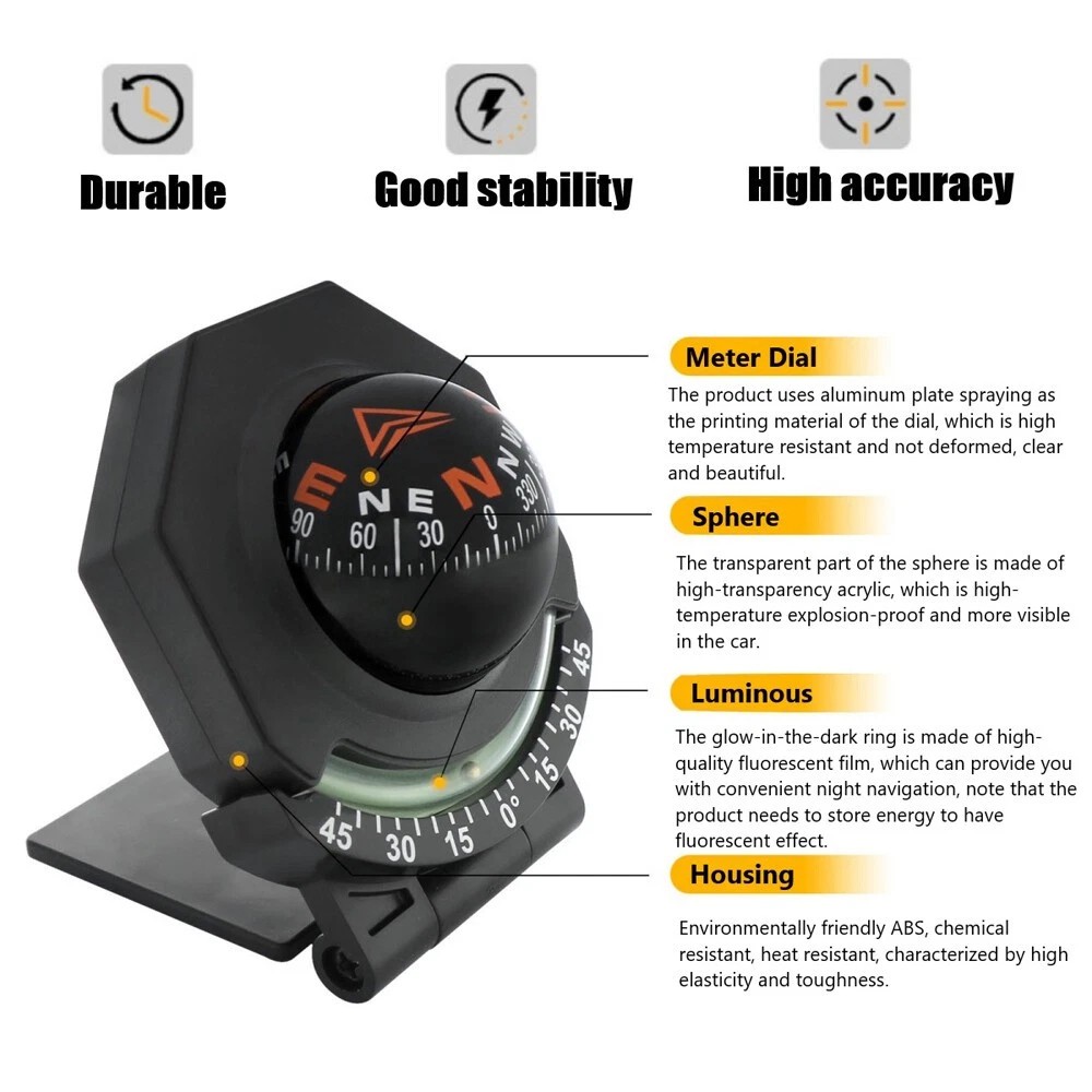 Adjustable Night Car Compass, Car Dashboard Compass Ball with Slope Meter