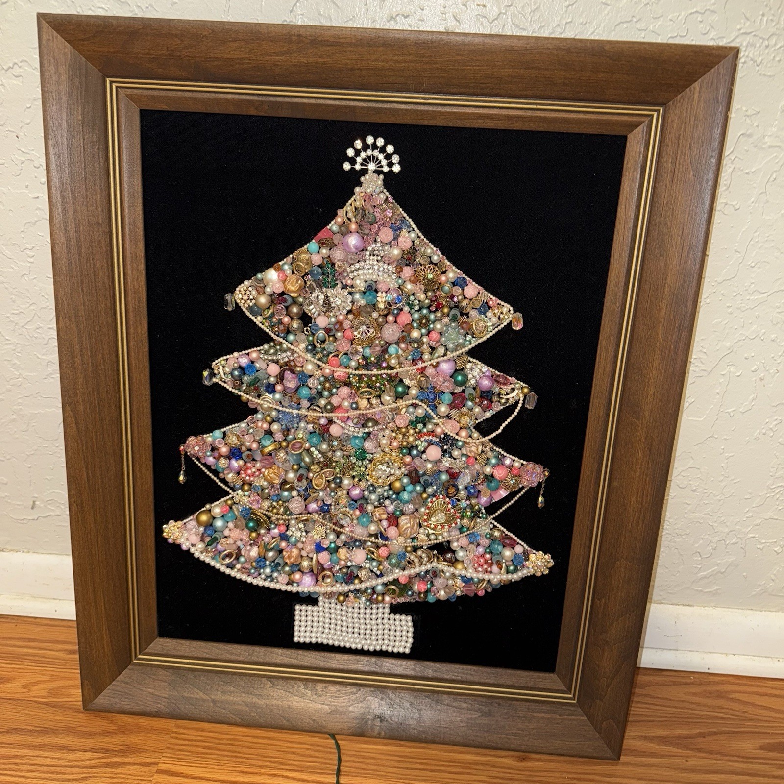 Vintage Large Framed Christmas Tree Costume Jewelry Art  24x20 Light Needs Fixed