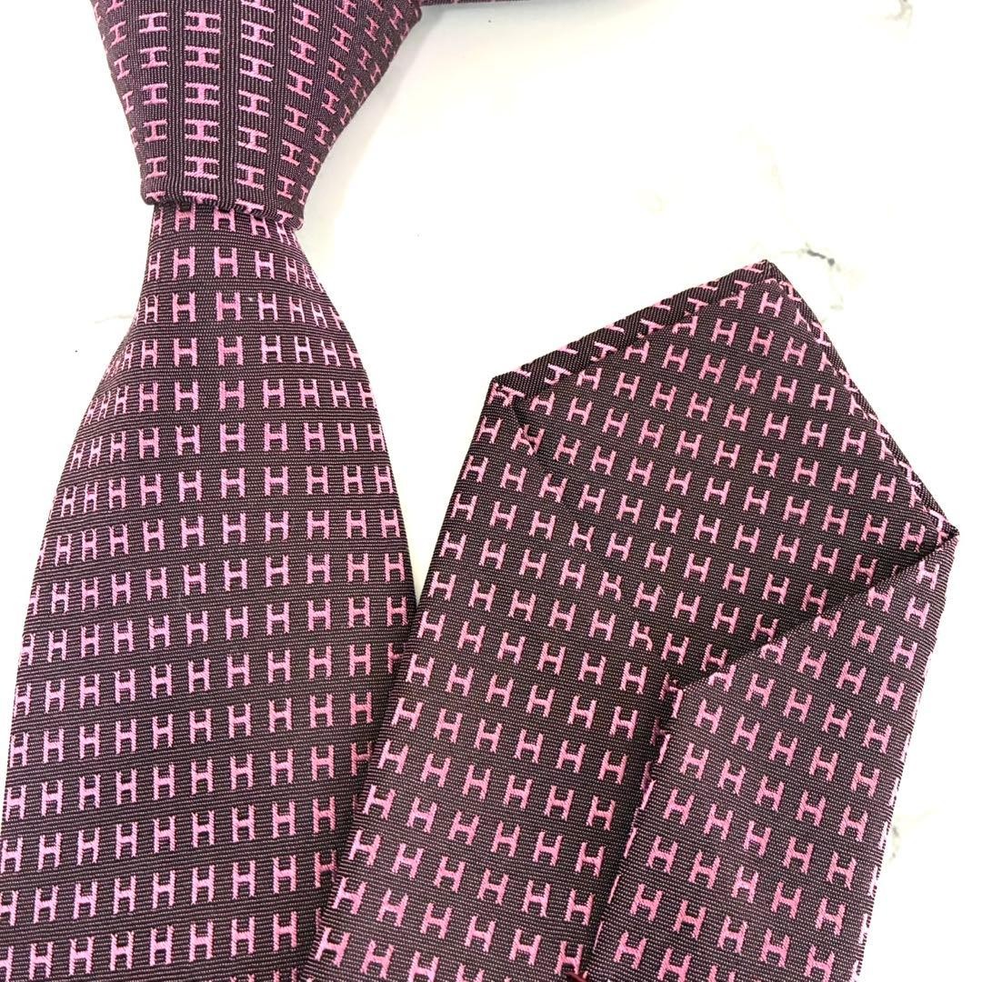 Hermes H Pattern Silk Necktie Purple Used Elegant Condition