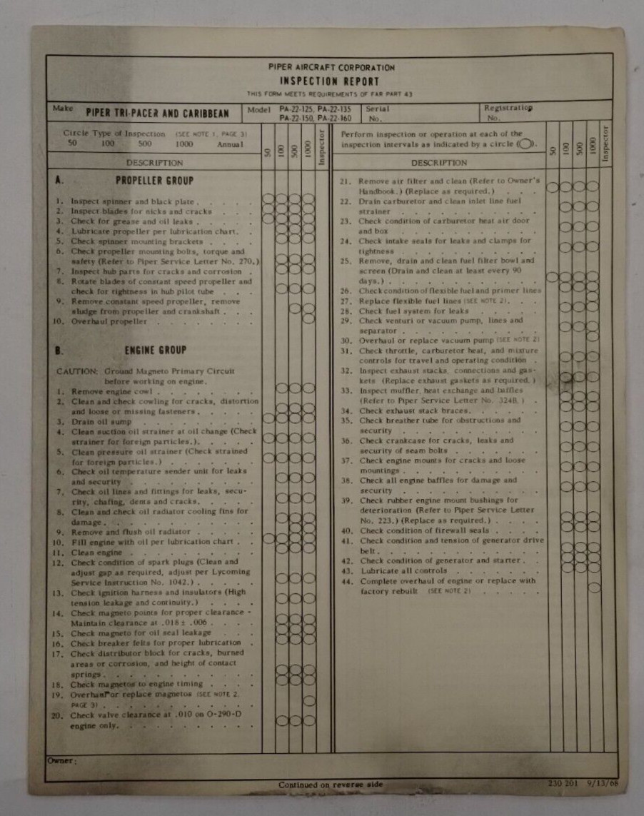 Piper Tri-Pacer & Caribbean Models PA-22-125/135/150/160 Inspection Report