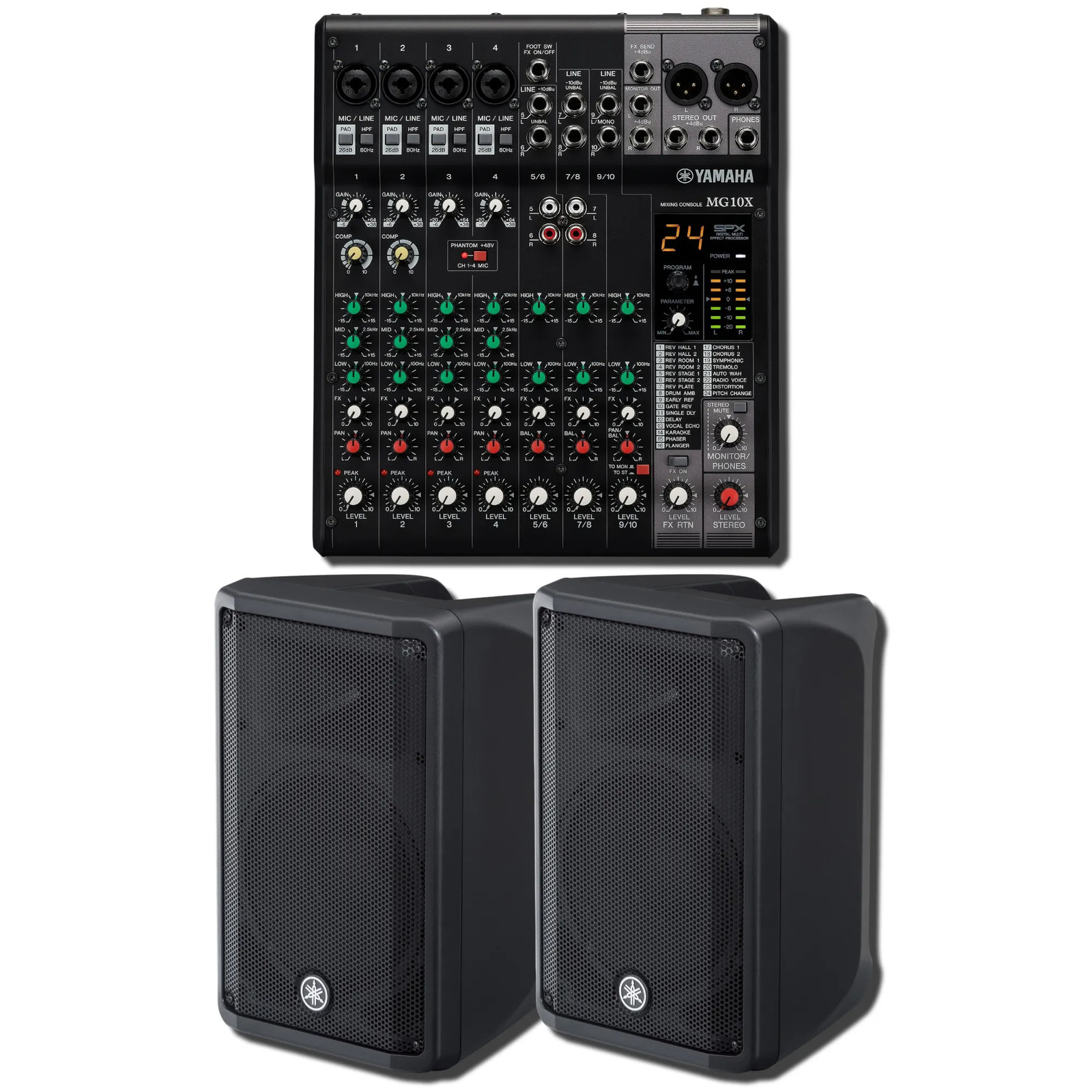 Yamaha DBR10 700W Speaker Pair w/ MG10XCV 10-Channel Mixer & SPX Effects